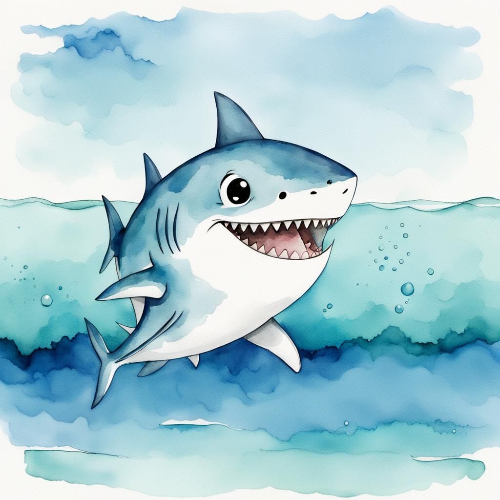 Chibi Baby Shark Smiling Watercolor Illustration