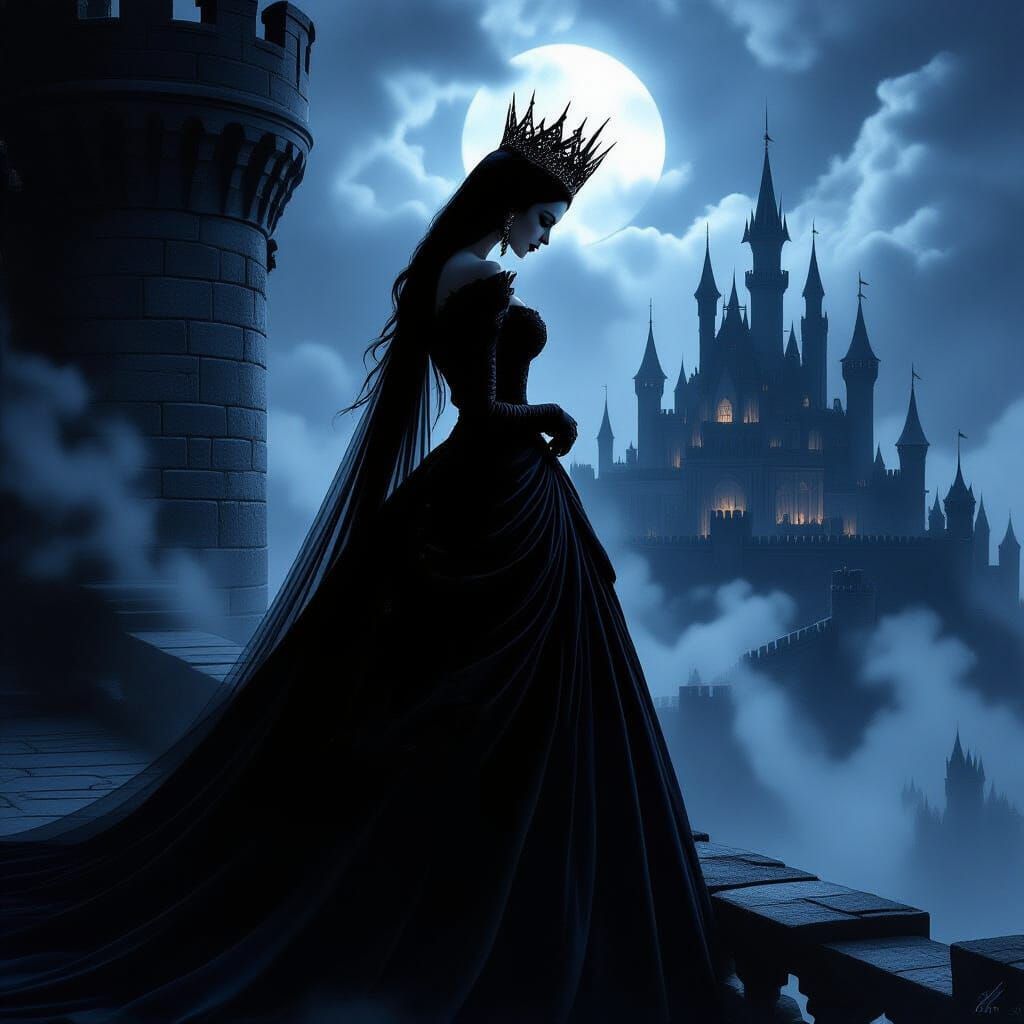 Evil Queen in Black Gown Overlooking Dim Kingdom