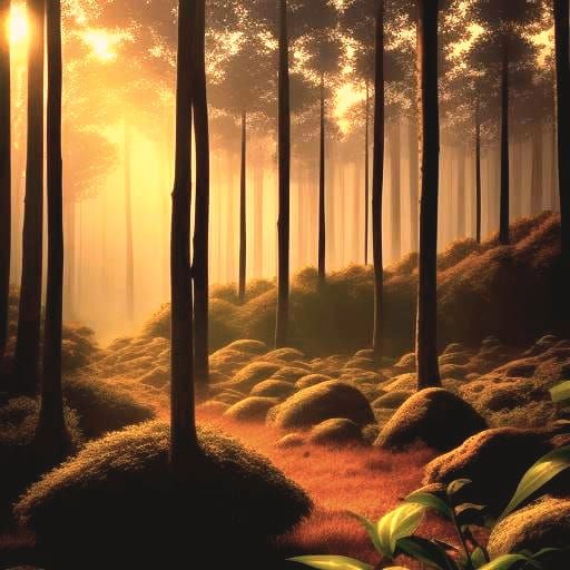 Eerie Sunset in a Misty Forest