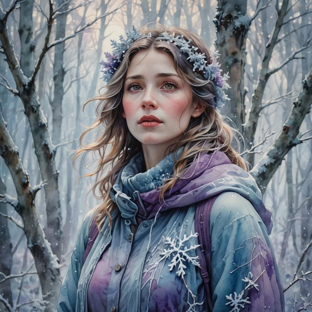 Ethereal Woman in Winter Forest Watercolor Portrait