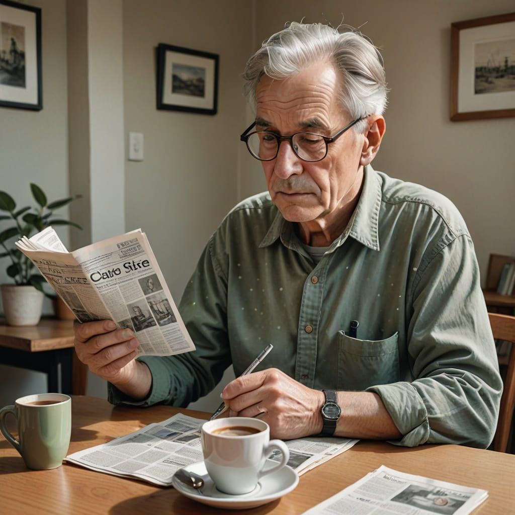 Thoughtful Older Man Reading Newspaper in Watercolor Style