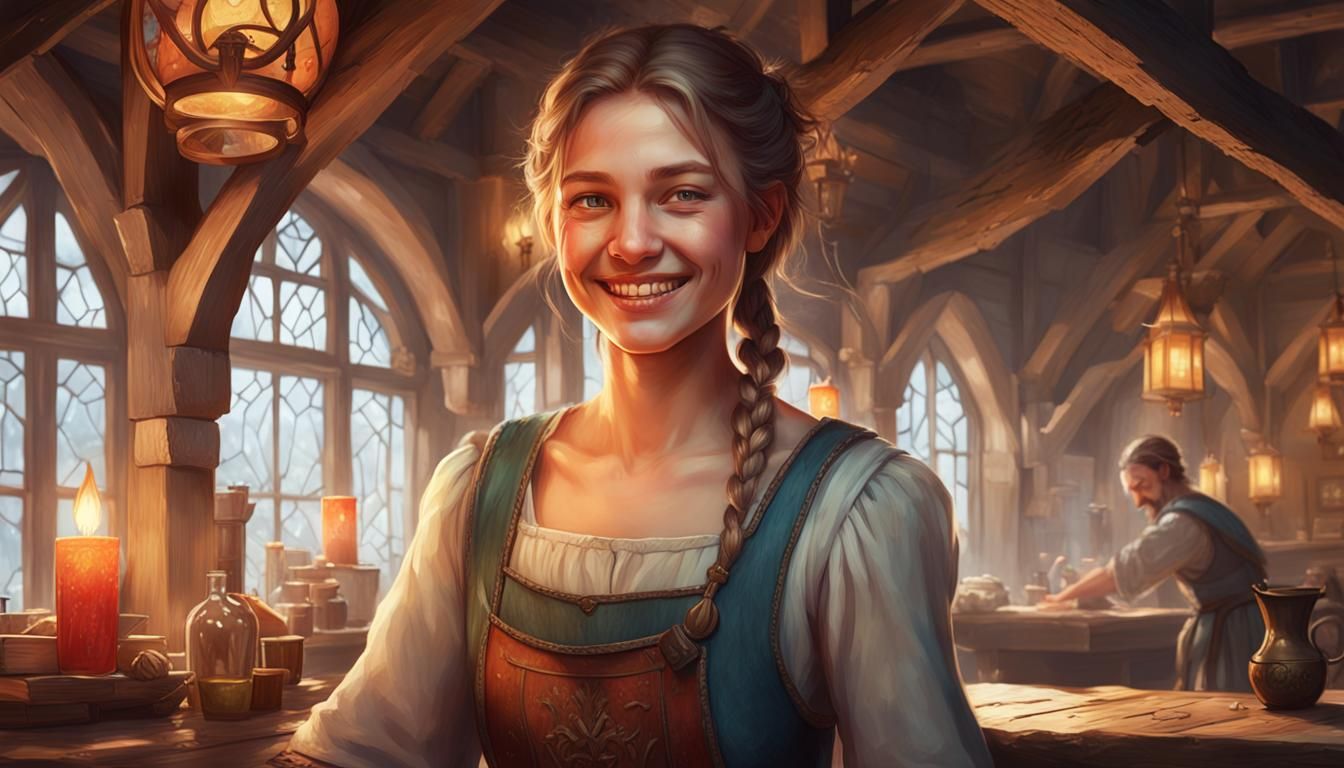 Smiling Girl at Medieval Inn: 8k Concept Art