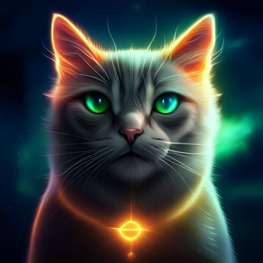 Fiery Horned Cat in a Magical Night Sky