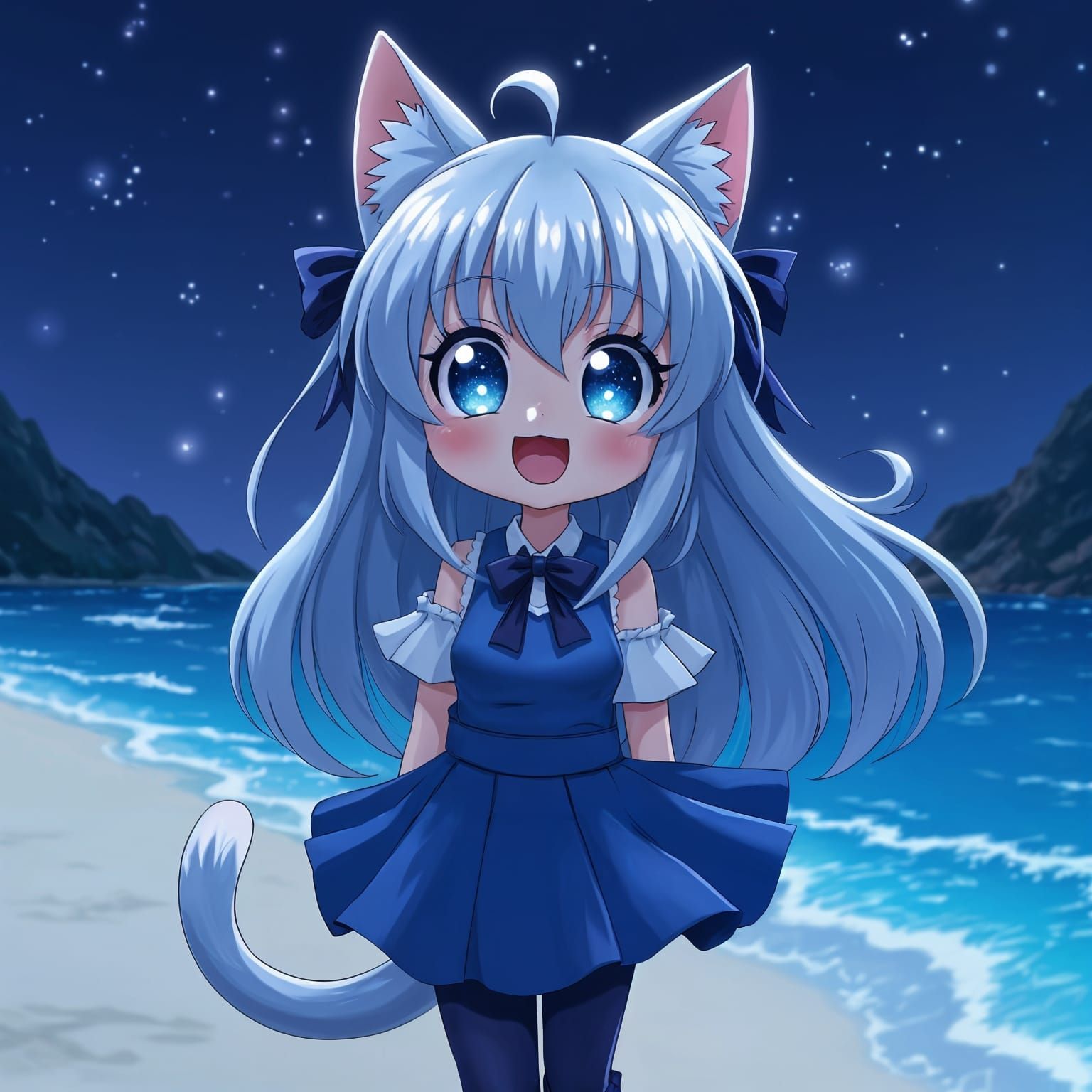 Anime Catgirl on Beach in Sailor Moon Style