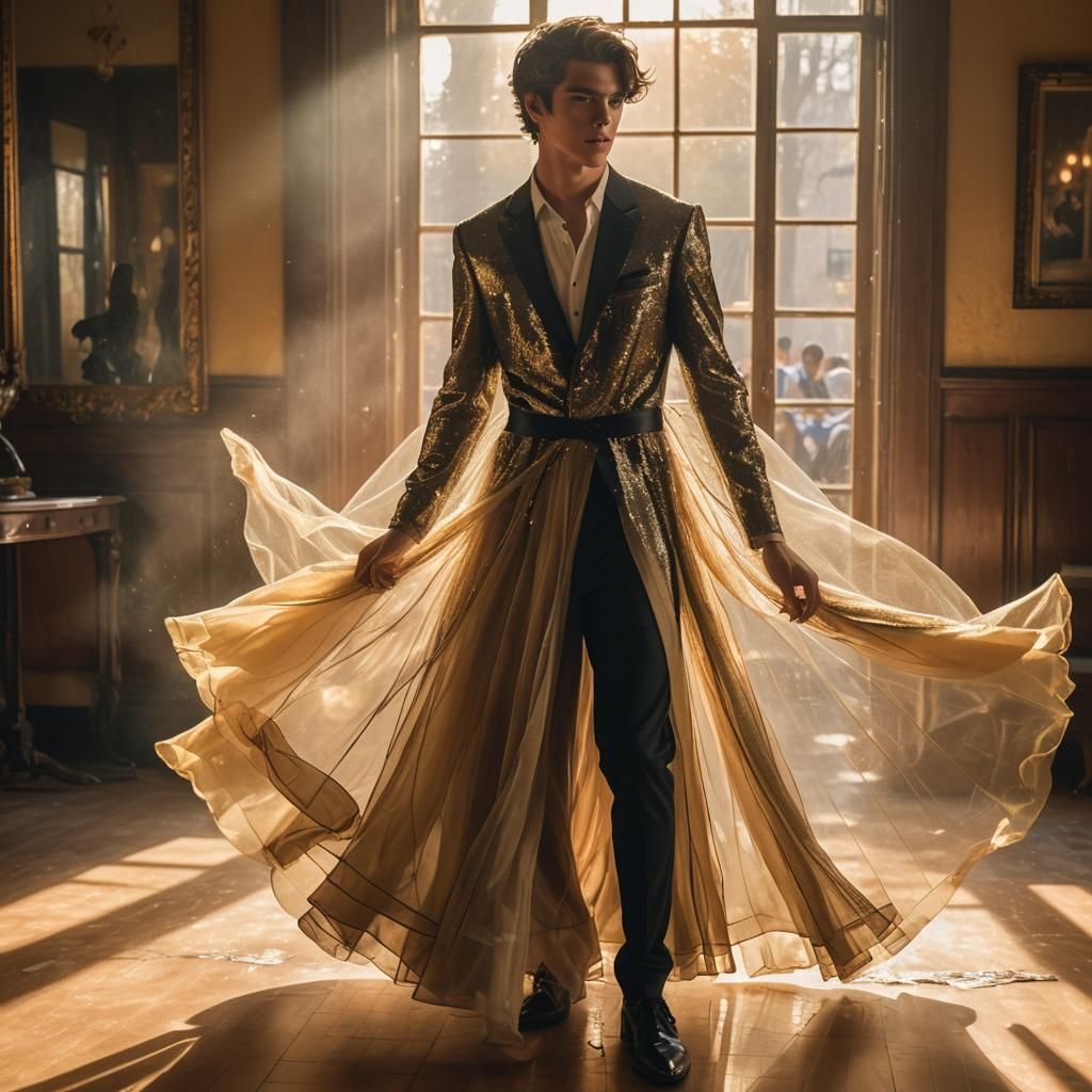 Teen in Prom Dress Peers into Warmly Lit Room