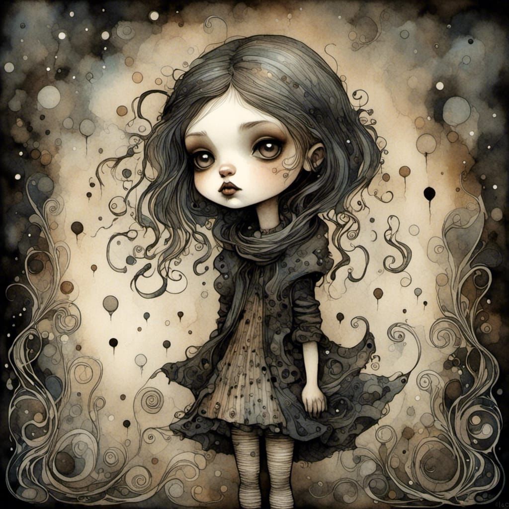 Pouty Grunge Punk Girl in Dark Fantasy Watercolor