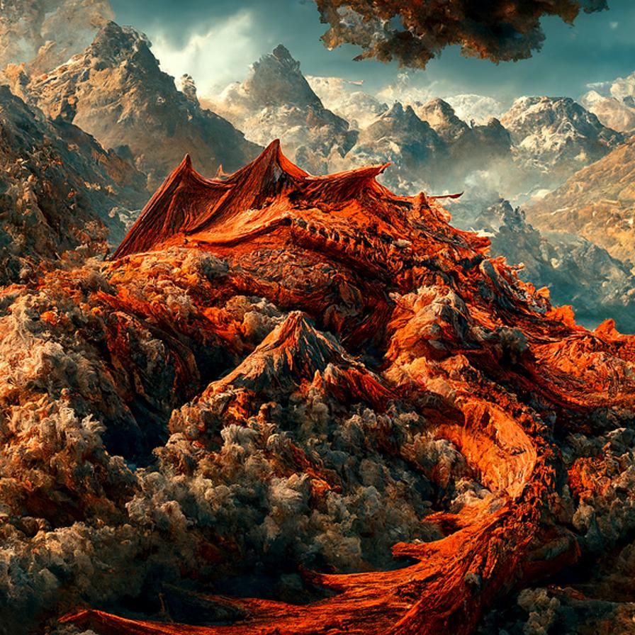 Epic Mountainscape with Sleeping Dragon, Maximalist Painting