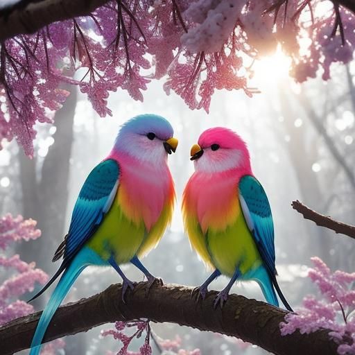 Rainbow Glass Lovebirds Twinkling in Winter Sunlight