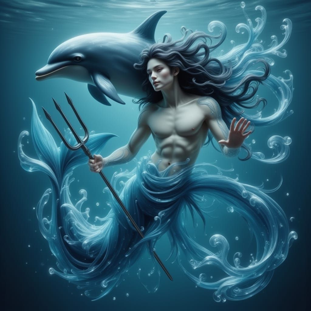 Merman Water Elemental with Blue Tail and Dolphin