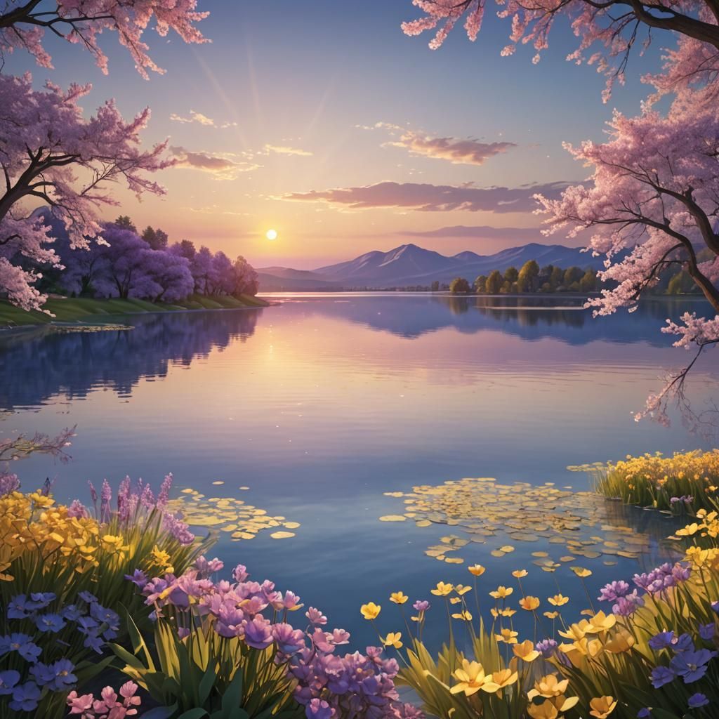 Springtime Sunset Lake in Soft Pastel 3D Render