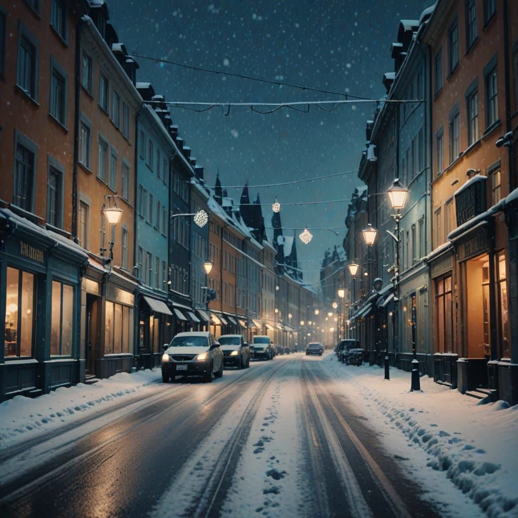 Snowy Stockholm Street in Frosty Oil Painting Style