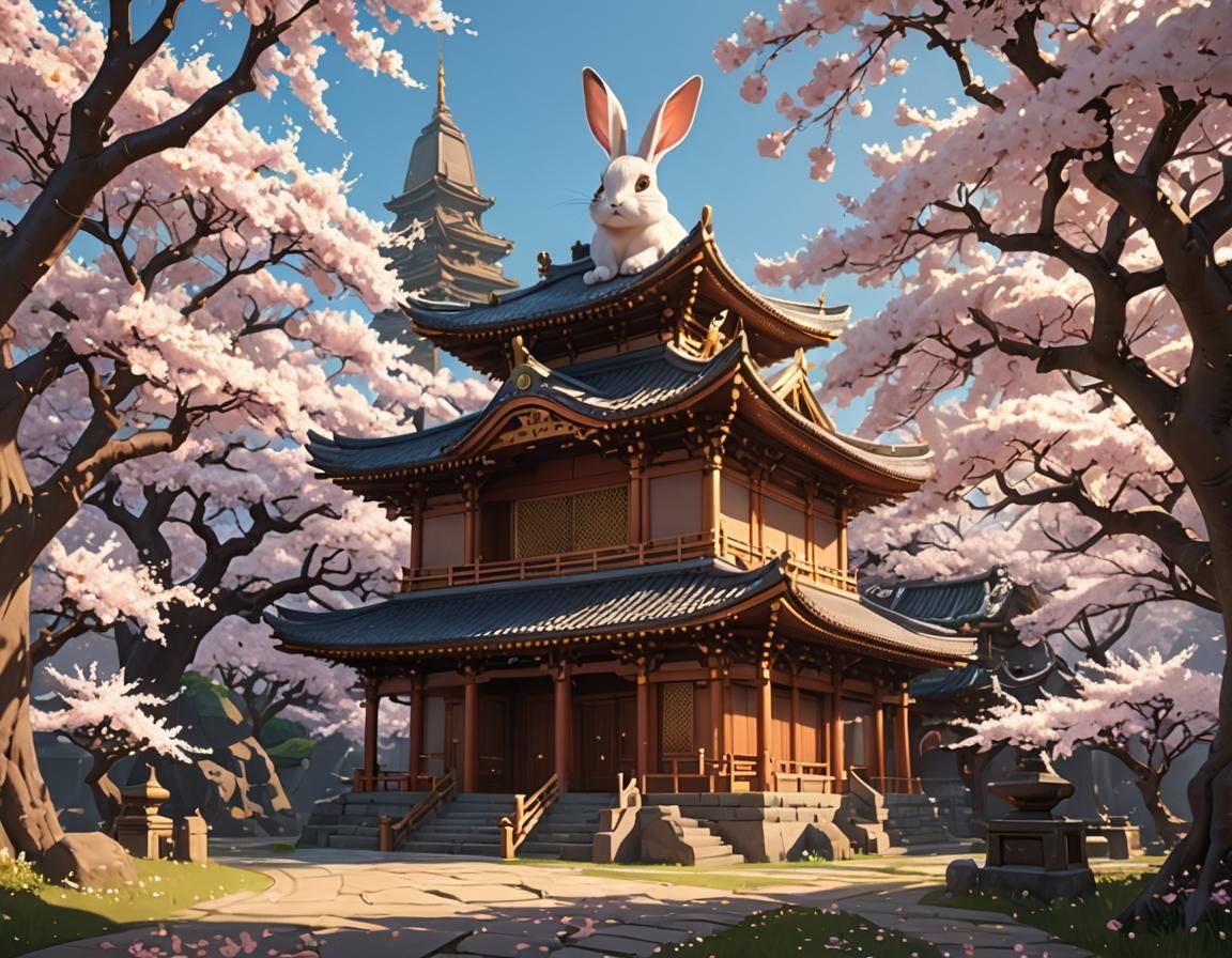 Anime Rabbit Temple in Cherry Blossoms