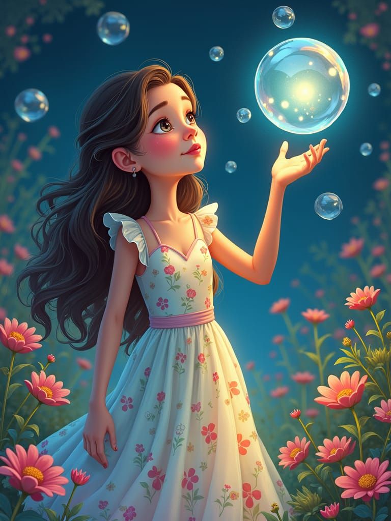 Whimsical Woman with Sonoluminescent Bubbles in Magical Gard...