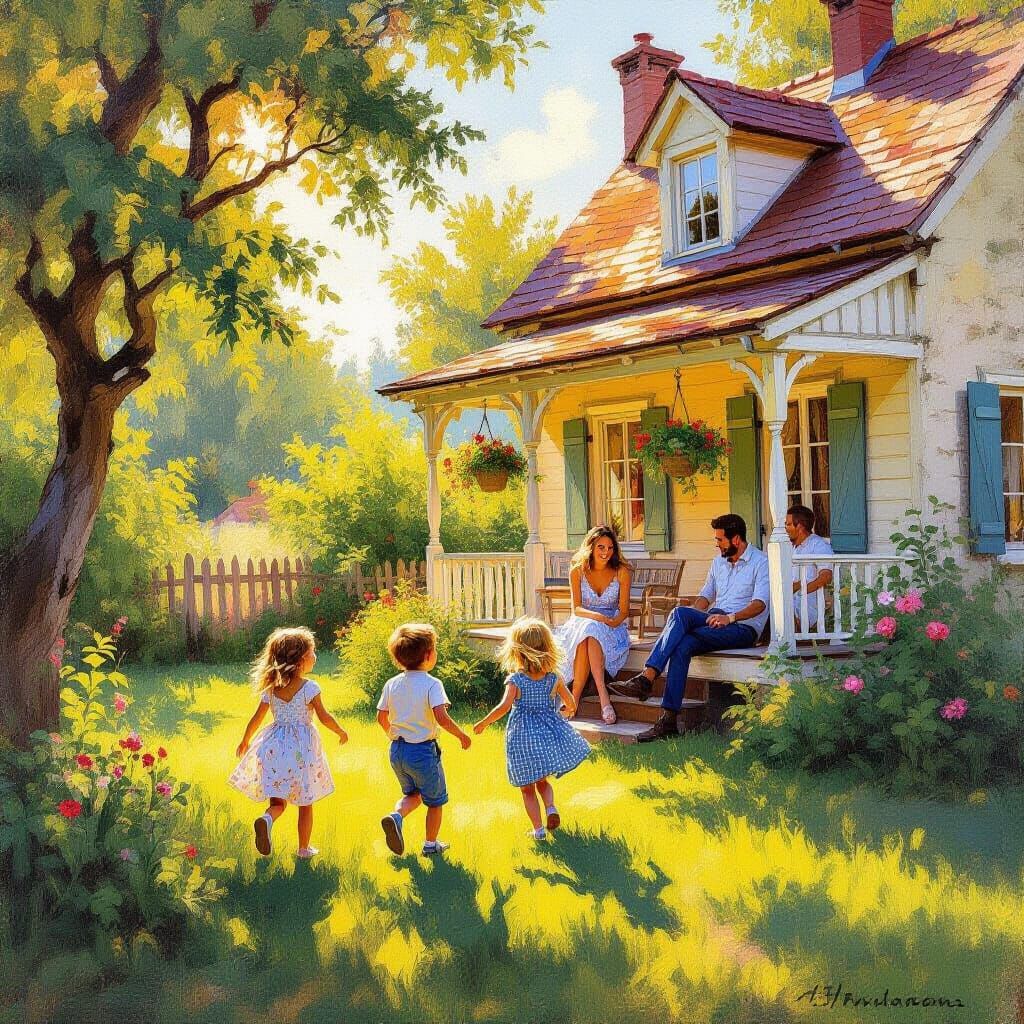 Charming Rustic Cottage Family Scene in Golden Hour
