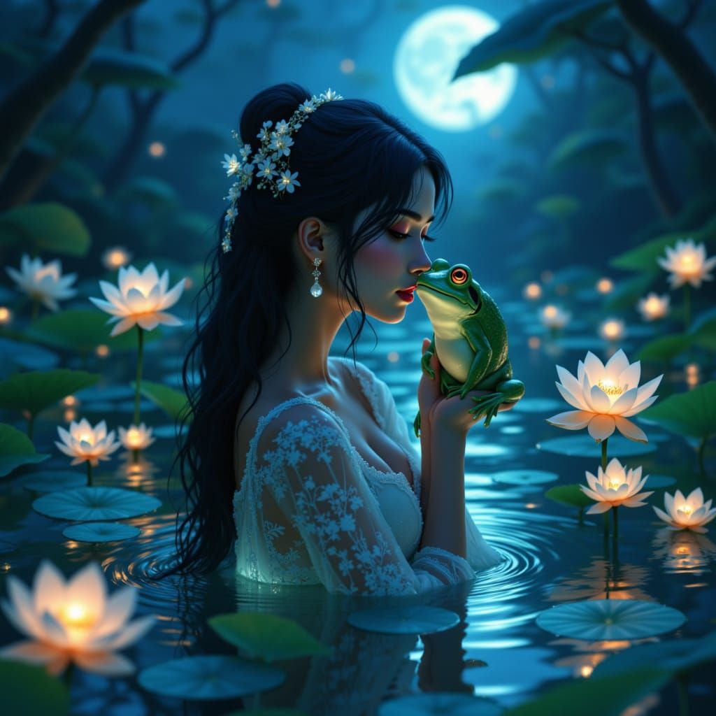 A Romantic Fantasy Scene with a Beautiful Woman and a Green ...