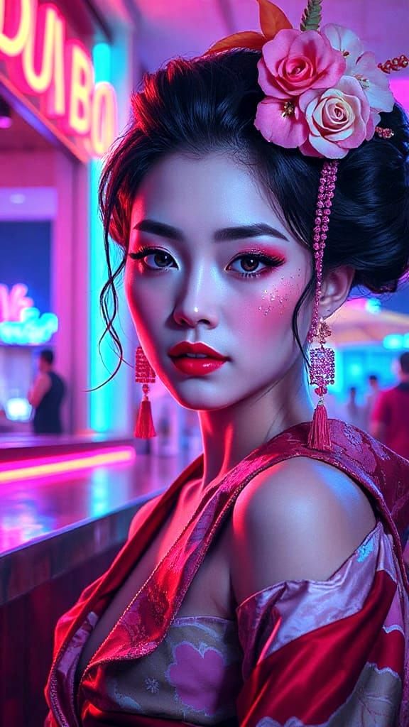 Spectral Geisha in Neon Bar: Glitch Art Portrait