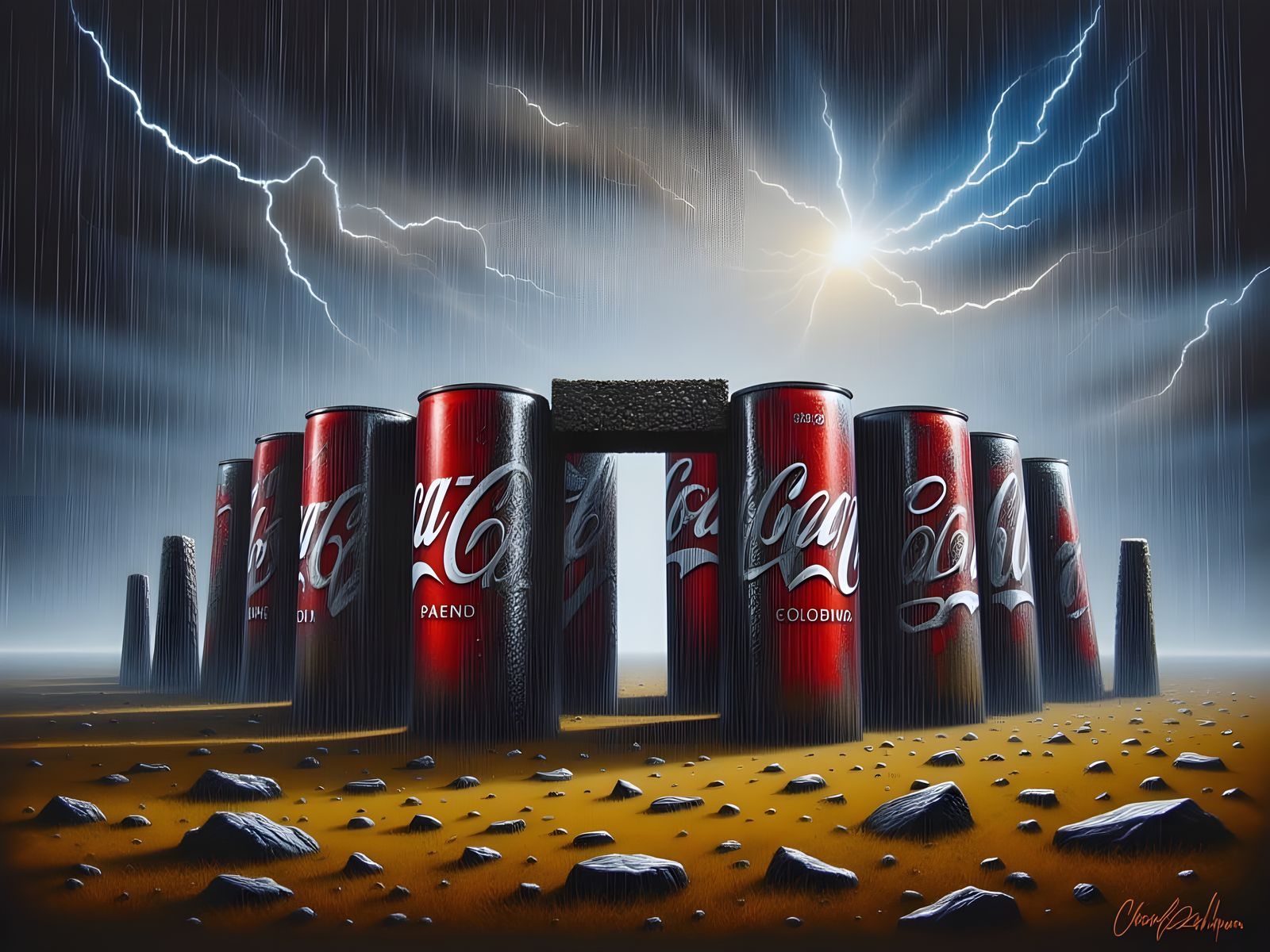 Coca-Cola Stonehenge Oil Painting in Dali Style
