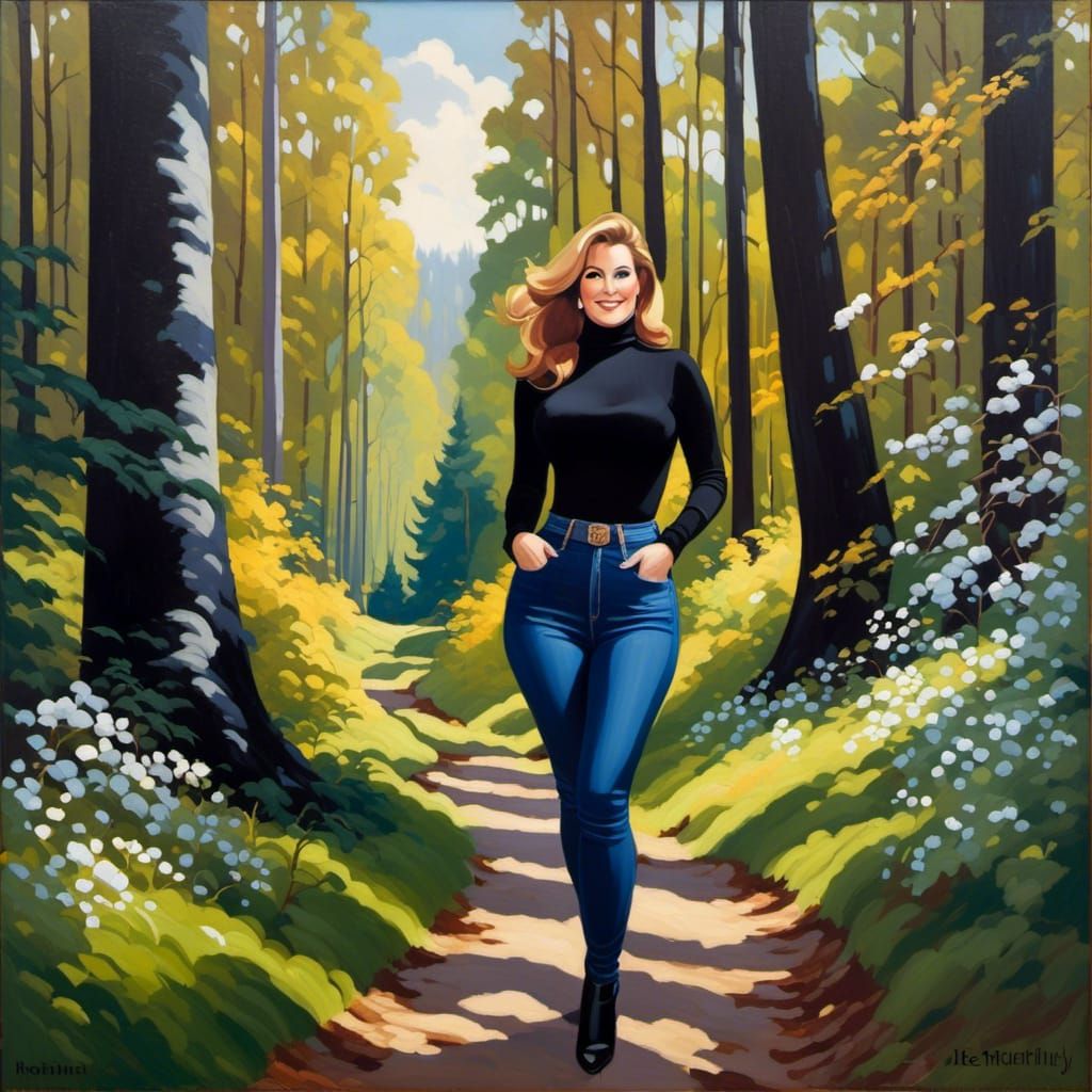 Woman Exploring Spring Forest as Oil Painting