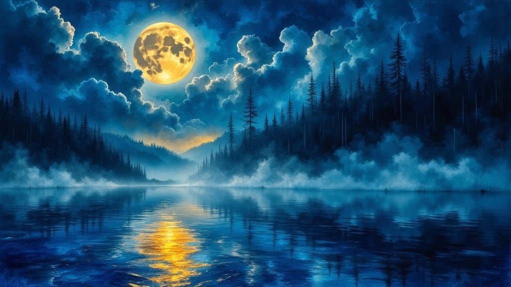 Golden Moon Over Cobalt Lake in Ethereal Style