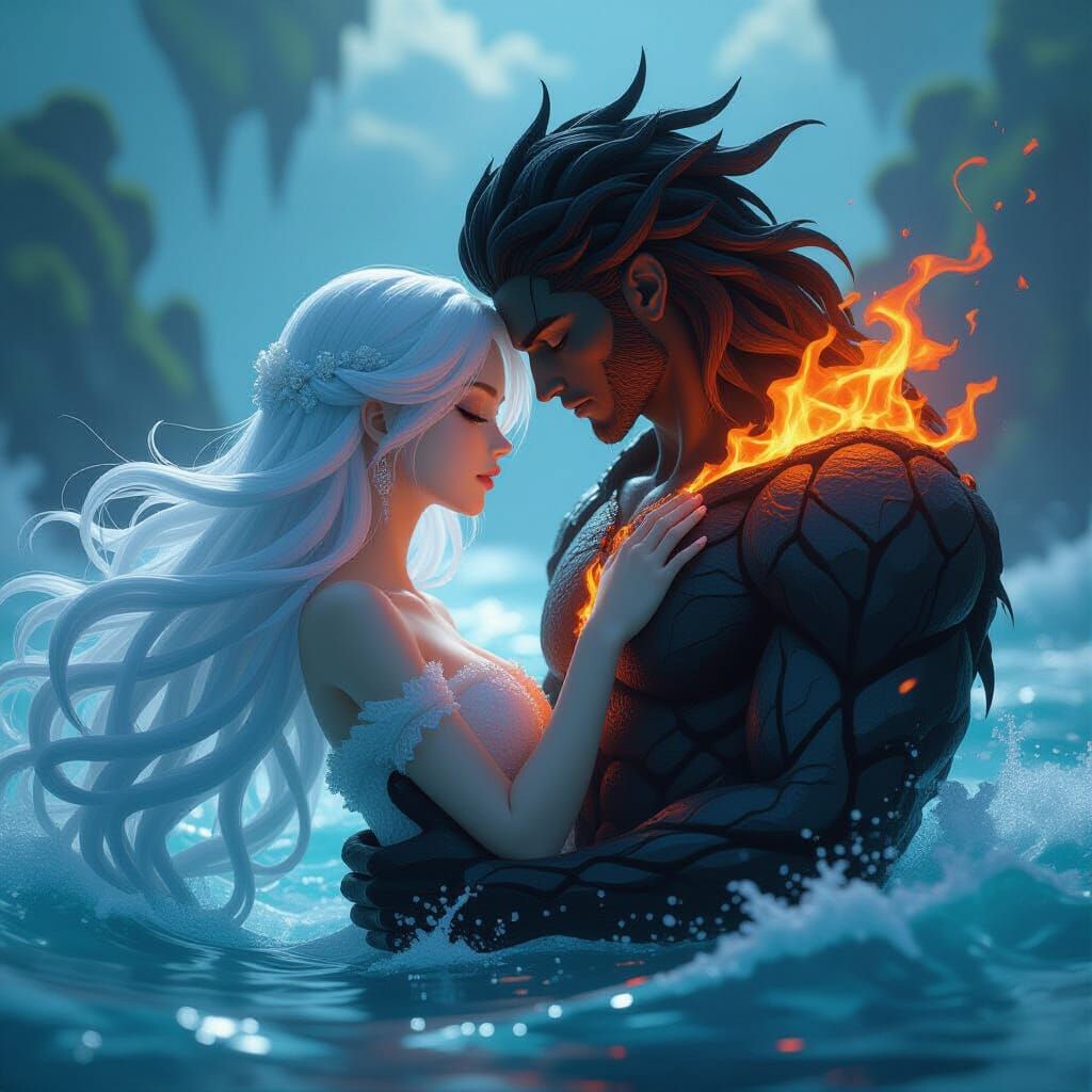 Ocean Daughter Meets Fire God in Epic 3D Anime Art