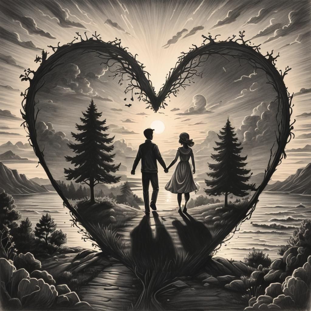 Cartoon Heart with Wedding Silhouette: Charcoal Drawing