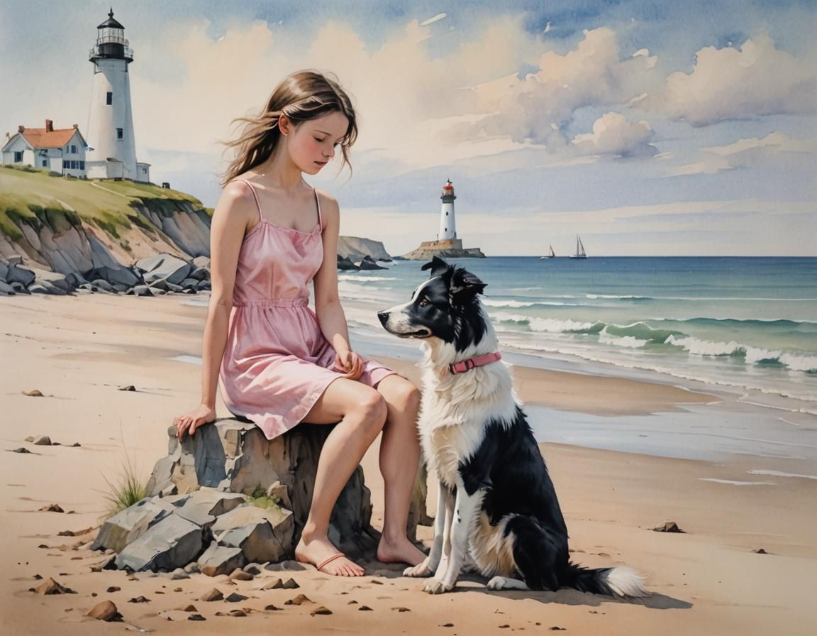 Girl and Collie on Beach in Pastel Watercolors