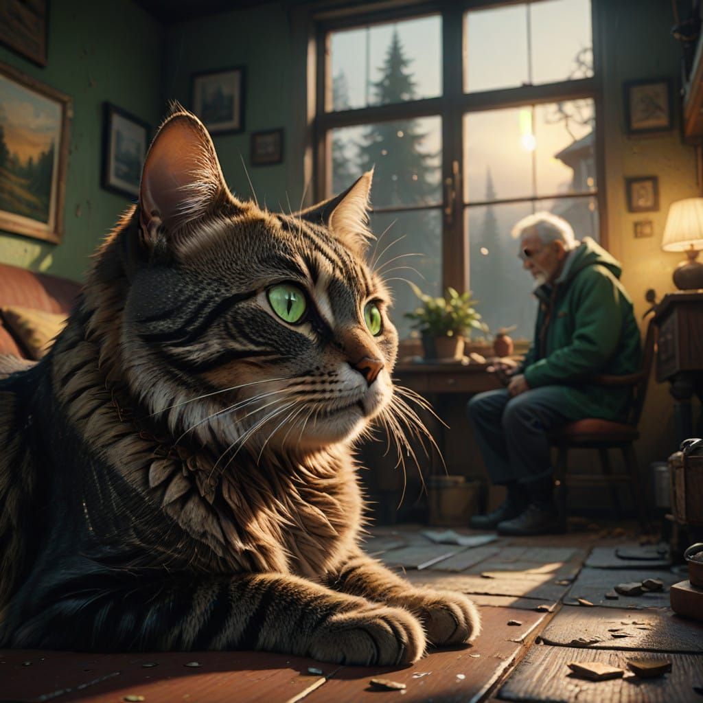 Majestic Tabby Cat Observes Elderly Couple in Serene Nostalg...