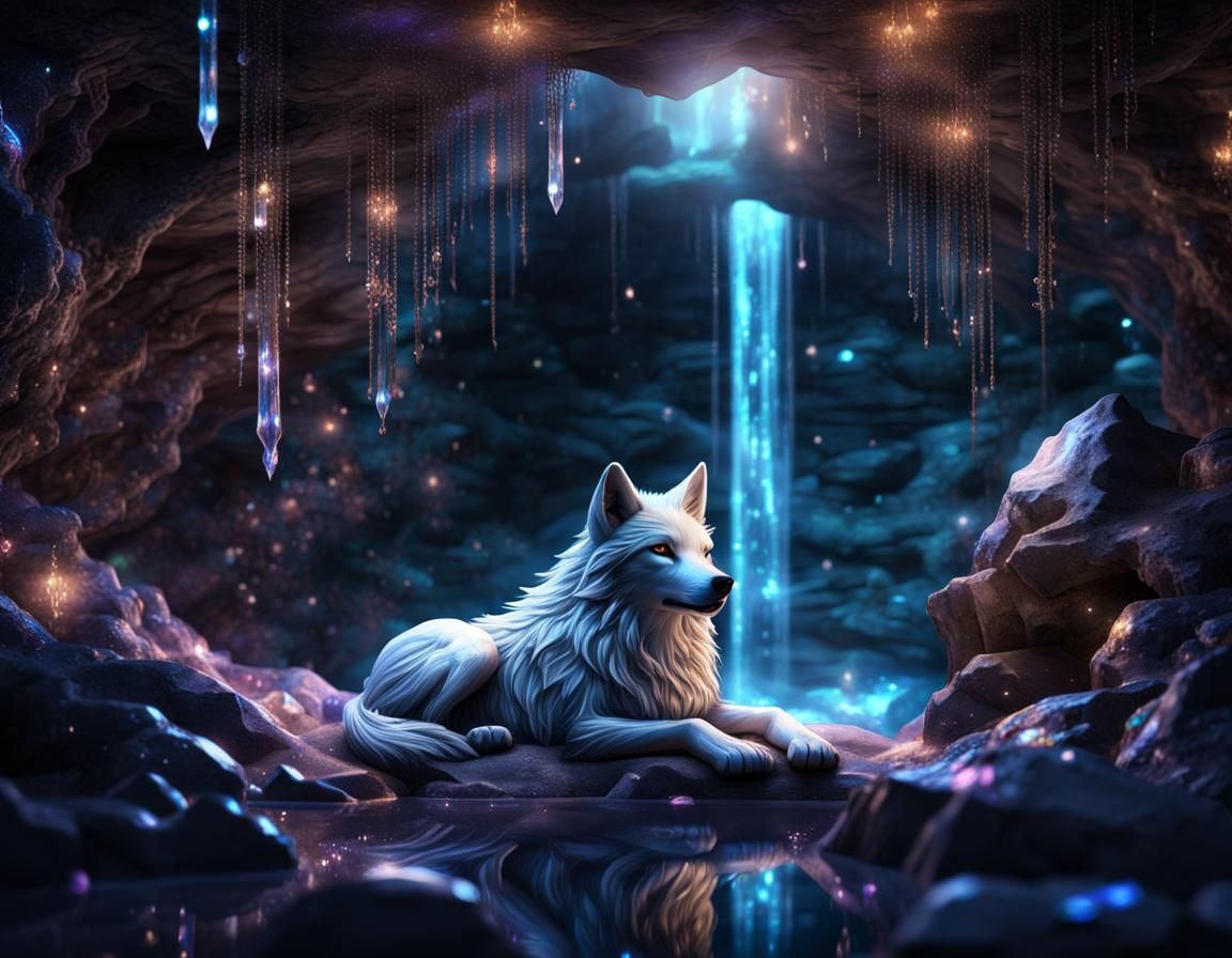 Magical Glowing Wolf in Crystal Cave