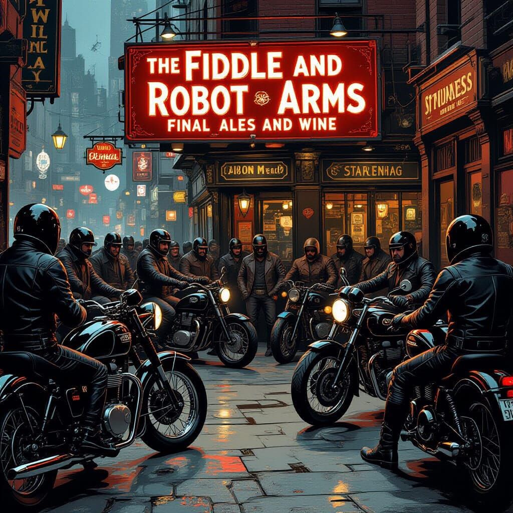 Cyberpunk Pub Scene with Vintage Motorcycles