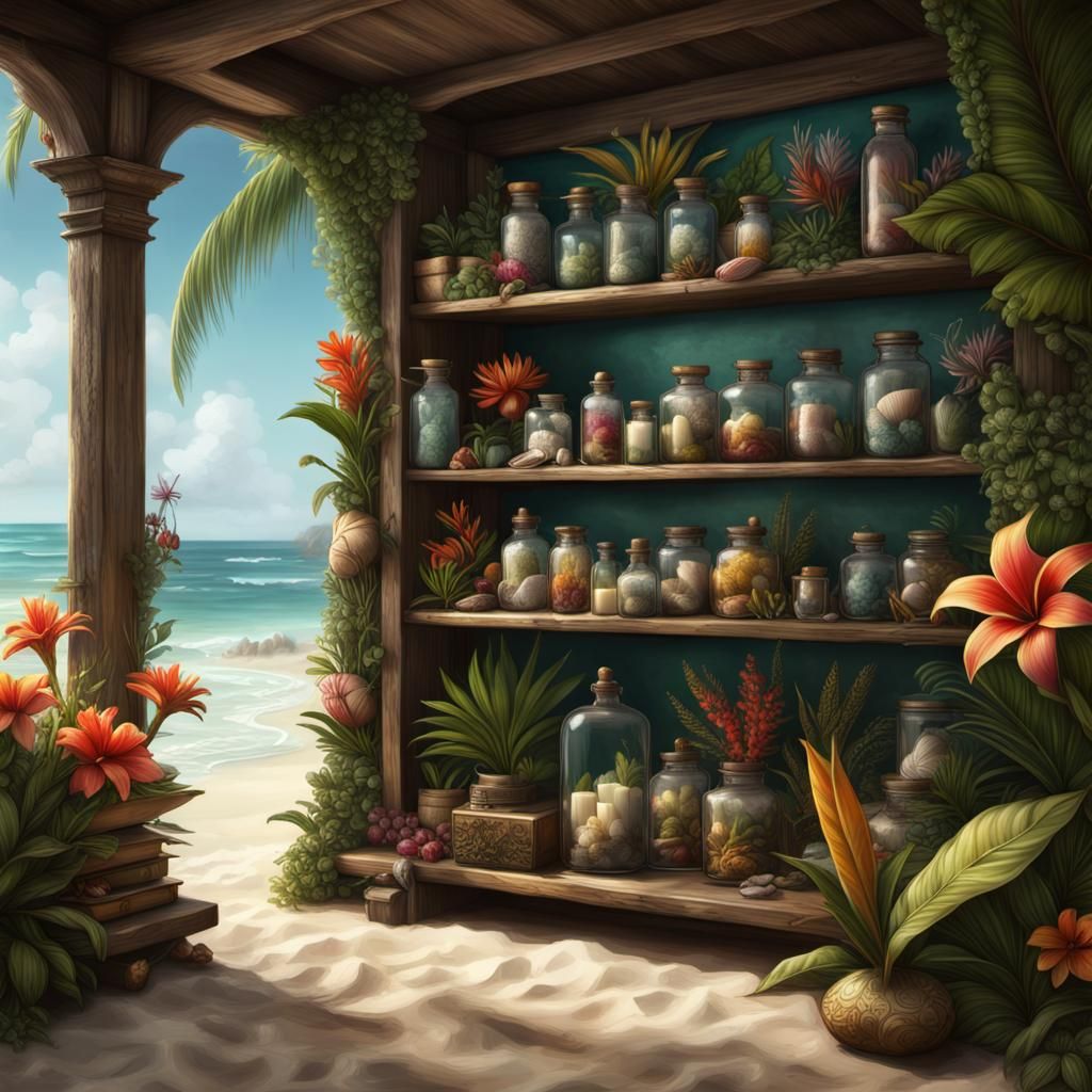 Tropical Beach Apothecary in Detailed Matte Painting Style