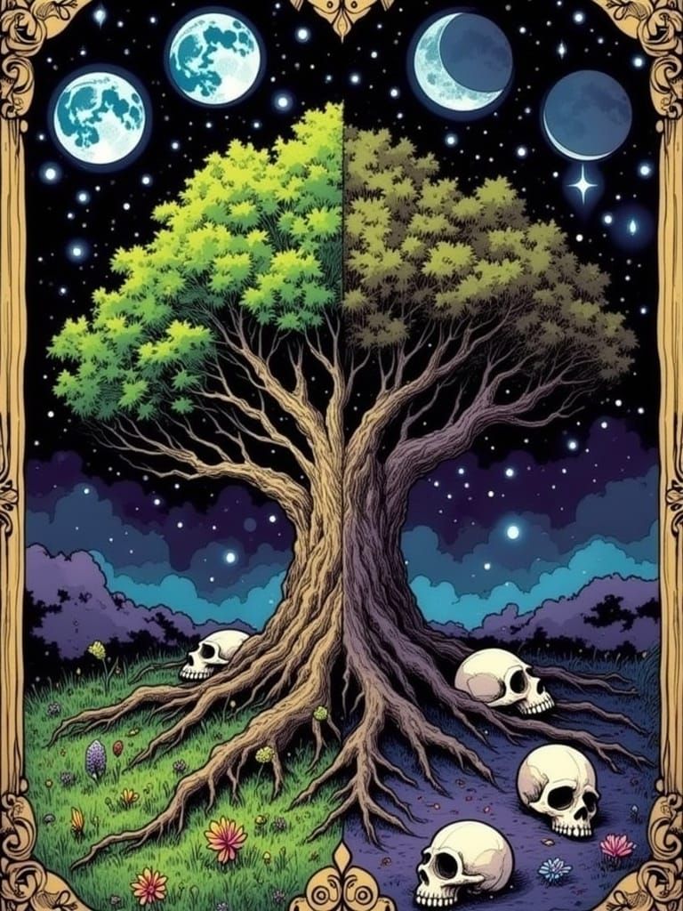 Life and Death Tarot Card in Graphic Comic Style
