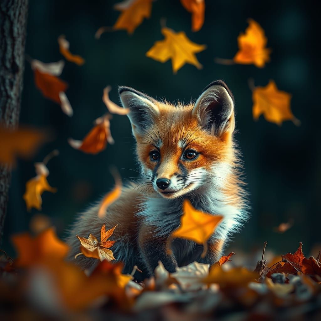 Fox Kit Plays in Autumn Leaves: Hyperrealistic Wildlife Phot...