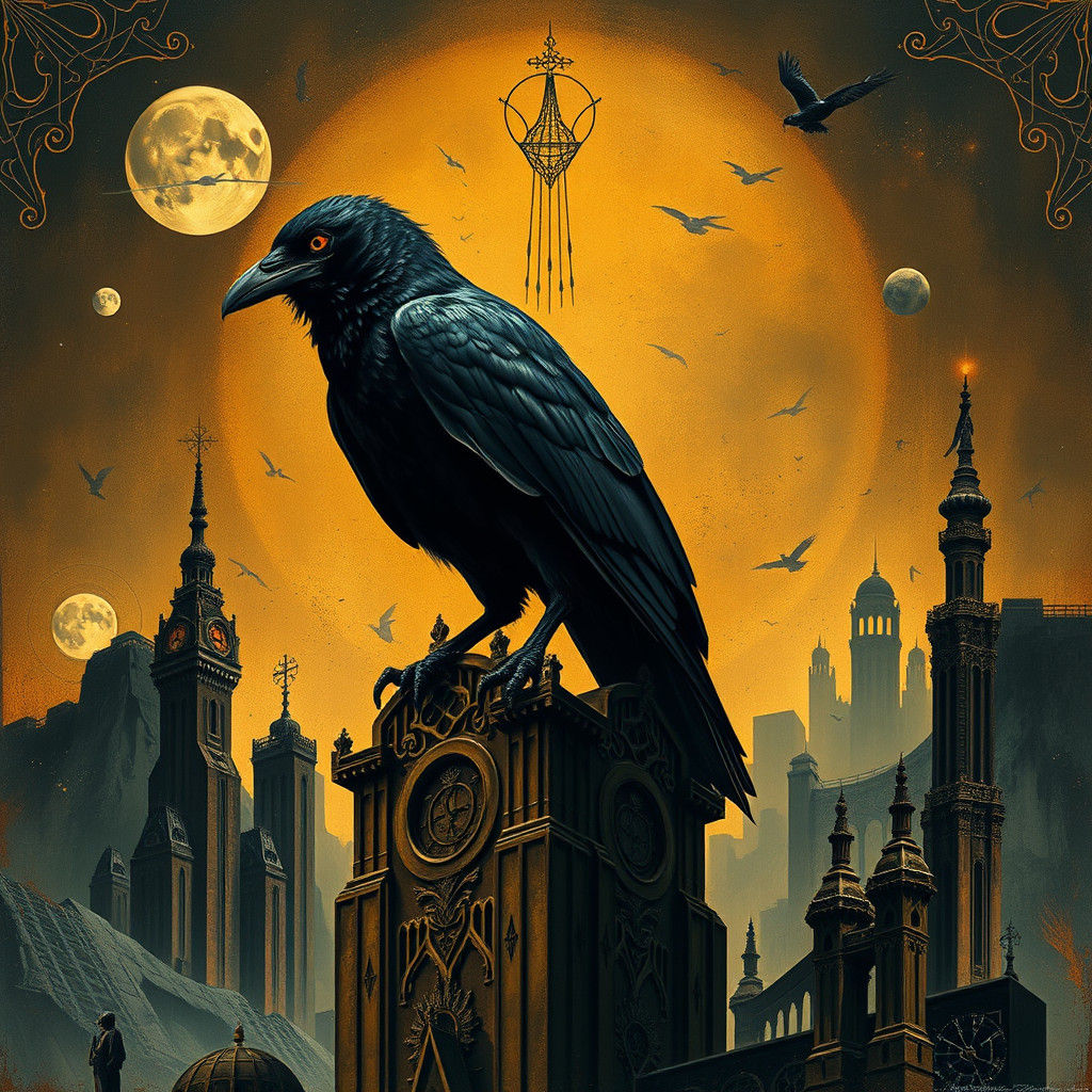 Eerie Raven on Art Deco Structure in Surreal Horror Scene