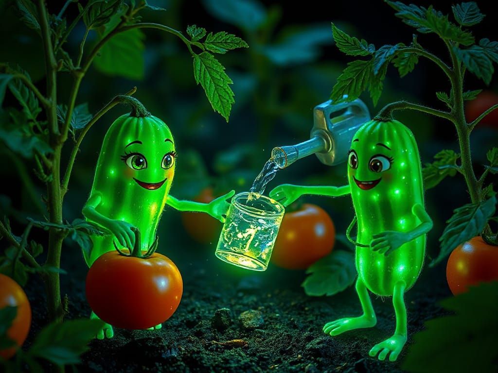 Magical Glowing Vegetables Watering Each Other in Garden
