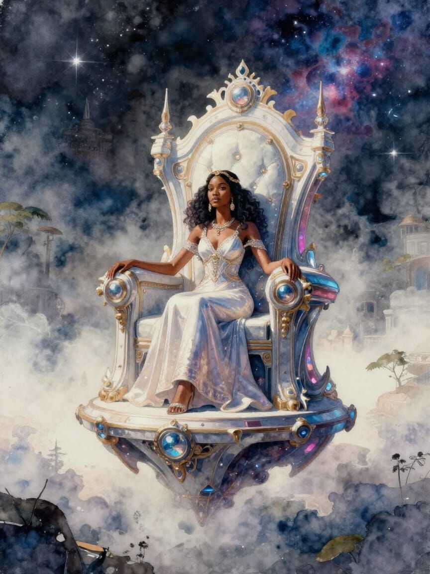 Futuristic African Princess on Hovering Throne in Watercolor