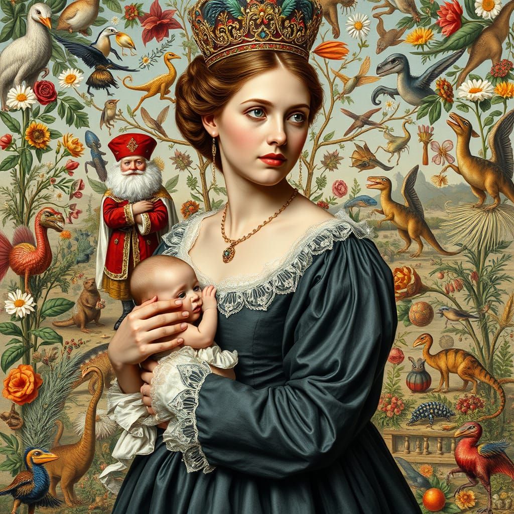 Barock Princess Holding Baby Amidst Whimsical Botanical Scen...