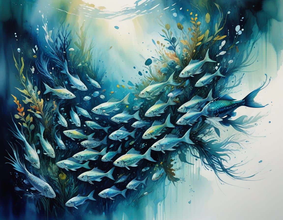 Surreal Underwater Bird Formed by Iridescent Fish