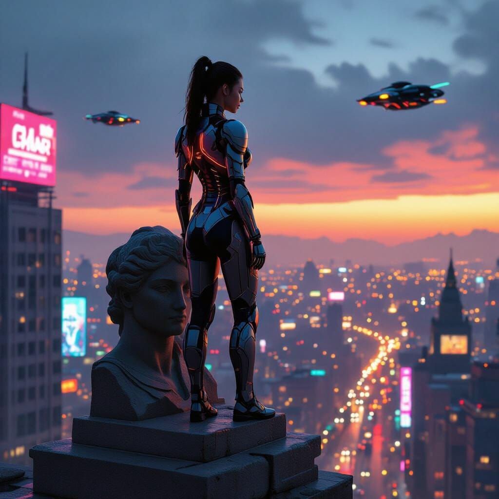 Cyberpunk Woman Overlooking Neon Cityscape
