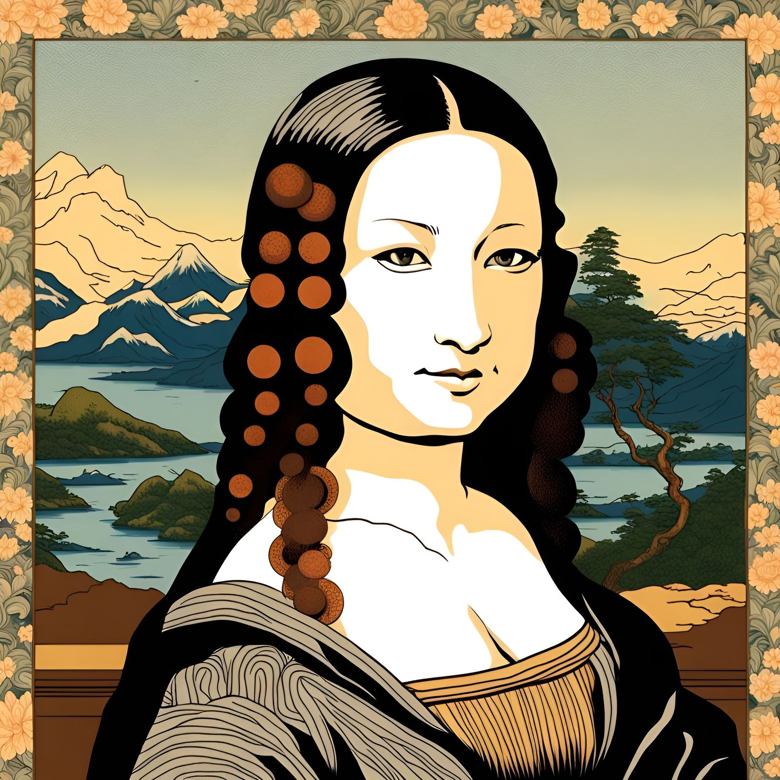 Mona Lisa (in the style of Japanese ukiyo-e artist Hokusai)