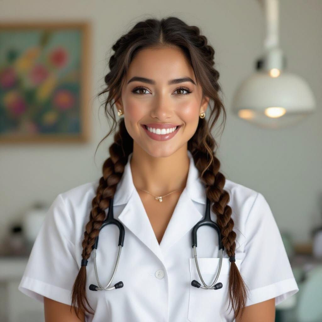 Dentist with Braids and Brown Eyes, Radiant Smile