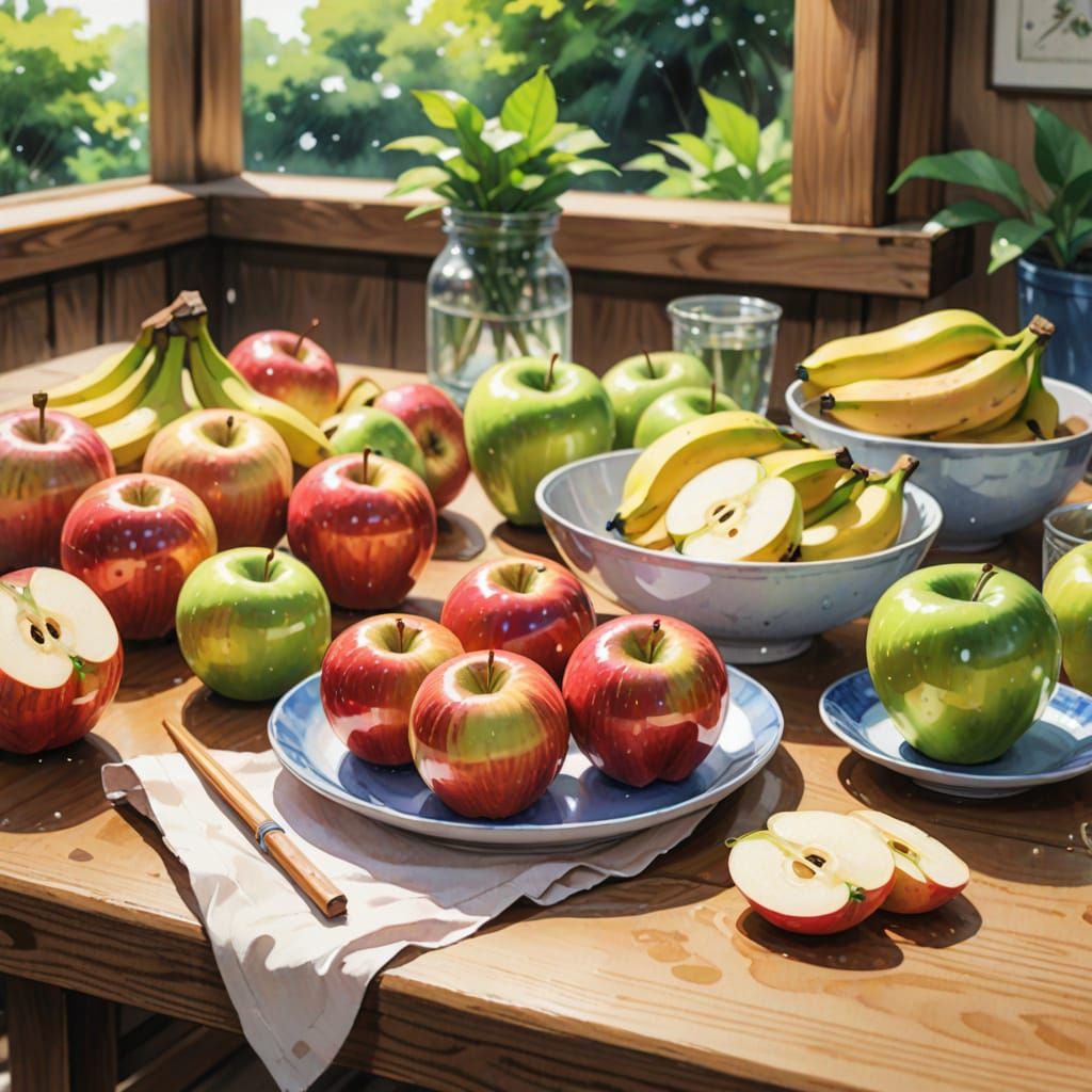 Colorful Anime Still Life of Apples and Bananas
