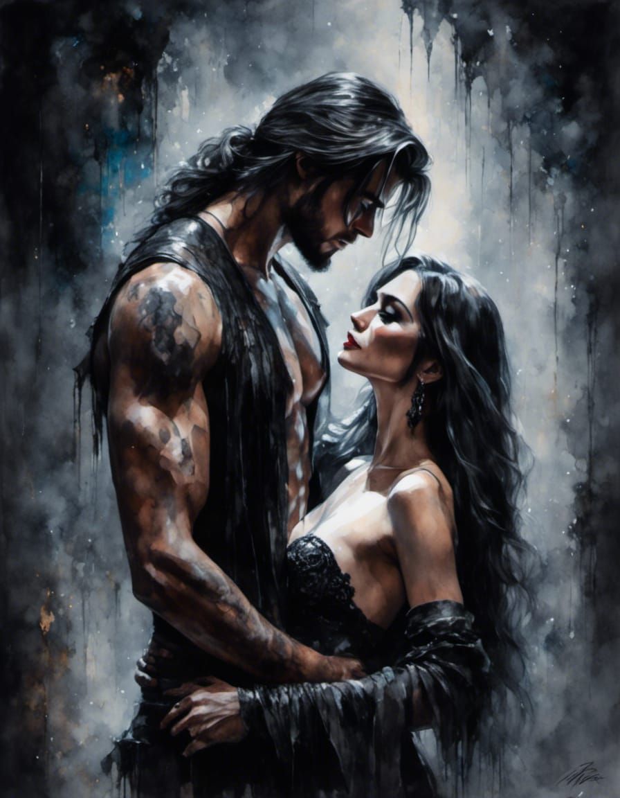 Dark Fantasy Couple Embrace in Macabre Style