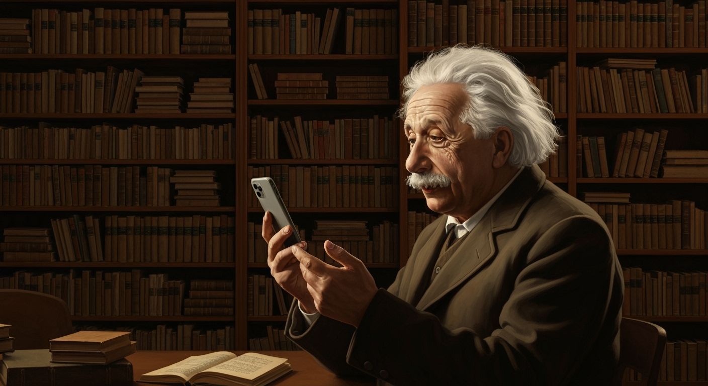 Einstein Amazed by Smartphone in Rembrandt-Style Library