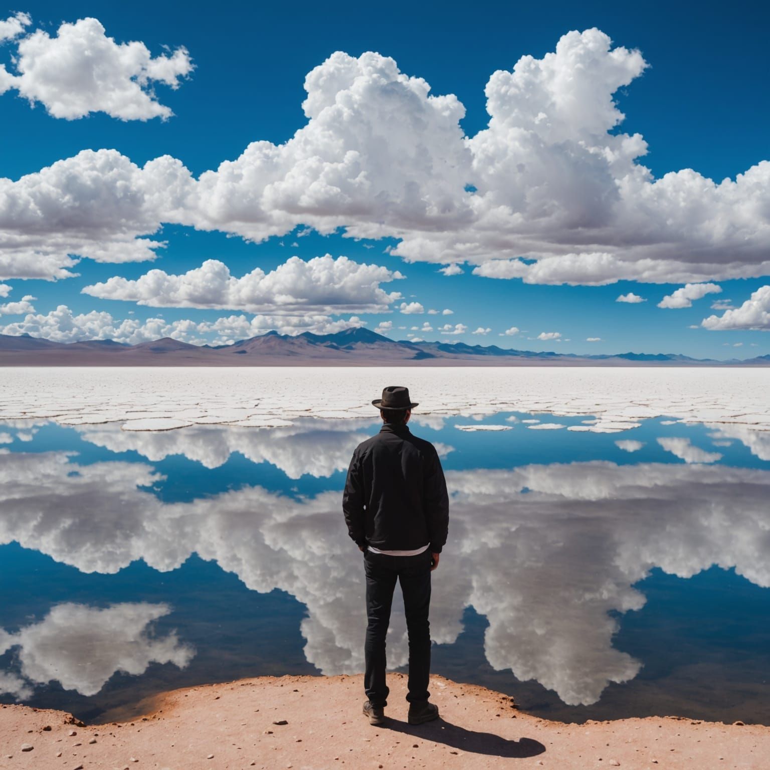 Man Reflecting in Salar de Uyuni Under Sunny Skies