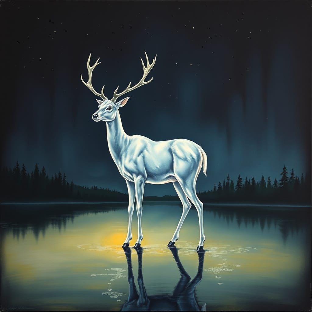 Surreal Ghost Deer Reflects on Lake at Night