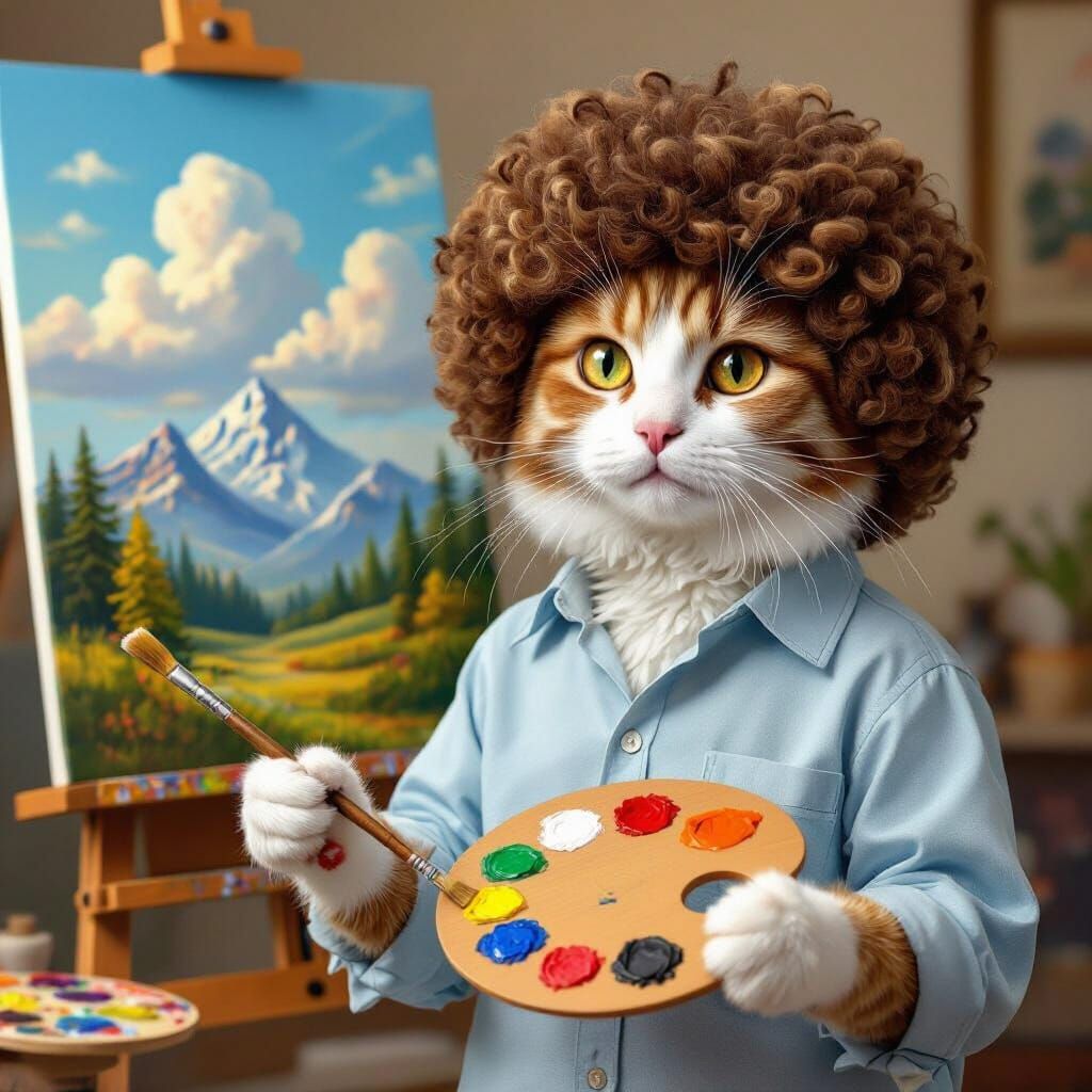 Bob Ross Cat Painting in Realistic Style