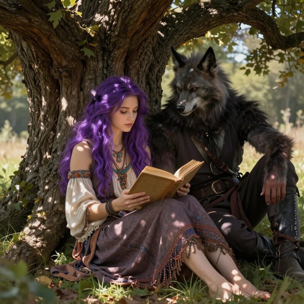 Purple-Haired Woman Reads by Tree, Watched by Loving Werewol...