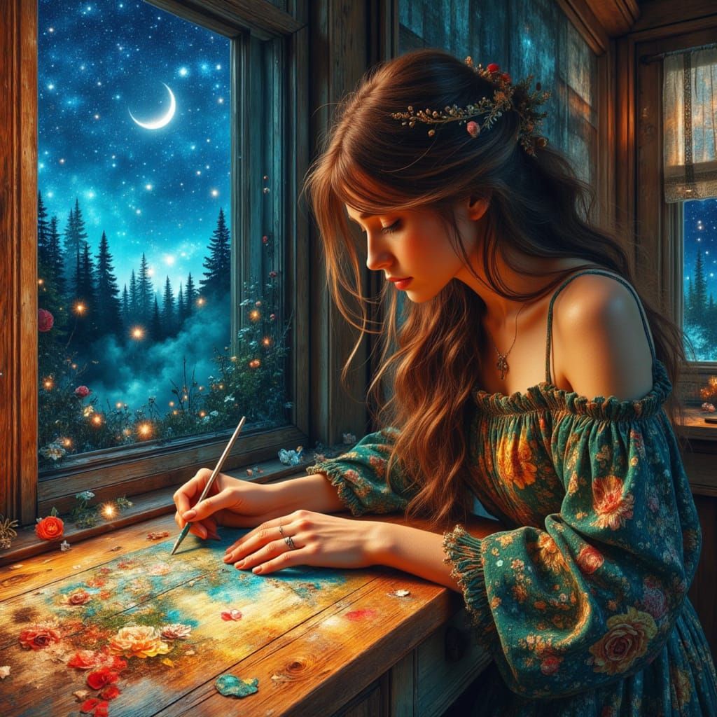 Surreal Comic Book Style Portrait of a Young Woman Painting ...