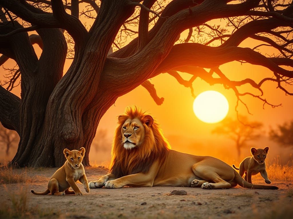 Regal Lion Reclines Beneath Gnarled Tree in Golden Morning L...