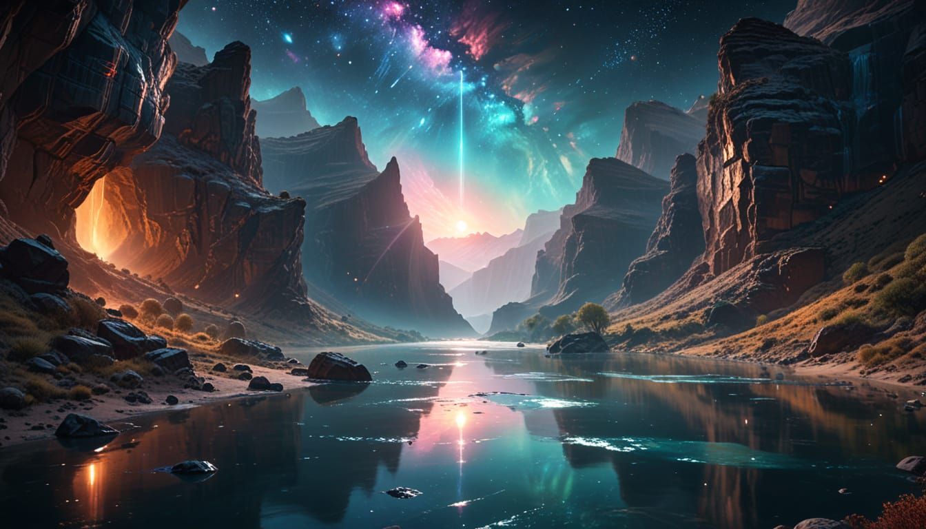 Mystical River with Spacecraft in Cosmic Canyon